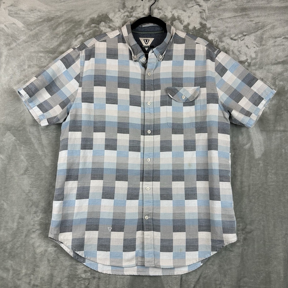 Vissla Button Front Shirt Men's XL Blue Gray White Check Plaid Cotton
